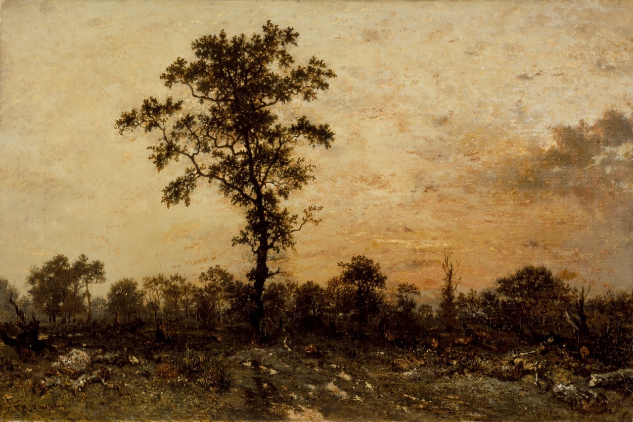 Théodore Rousseau (Paris 1812 - Barbizon 1867); Edge of the forest - Setting sun,