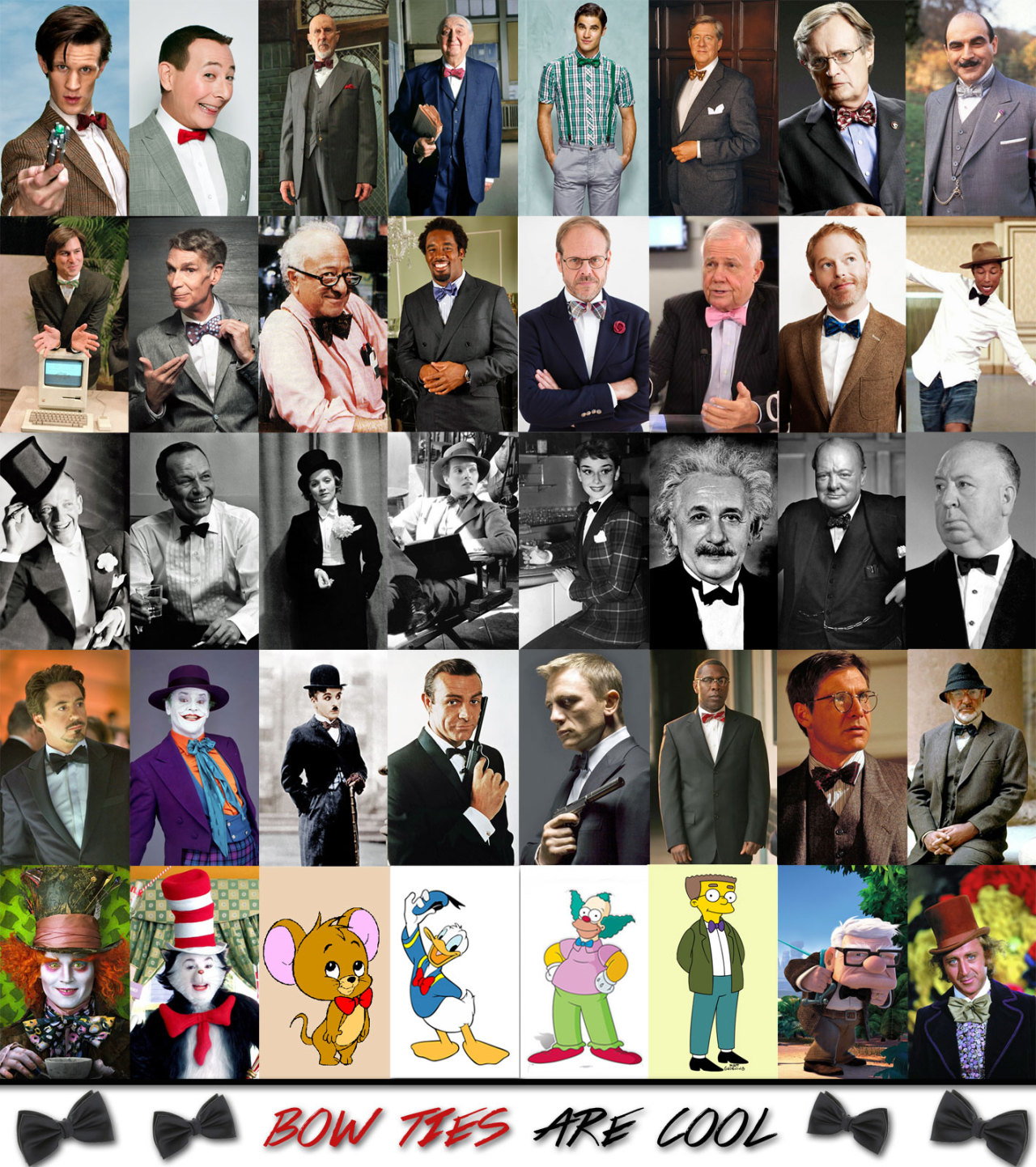 Collage of bow tie wearing iconic characters to represent National Bow Tie Day and encourage fun holidays to take part in.