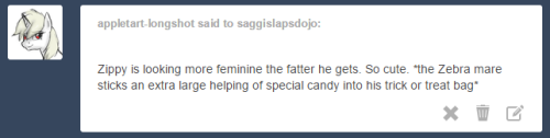 saggislapsdojo:  “Mmm, thanks!…Sorry if I got your house.” “300  Tumbla followers, CLOPPERS, That snuck up on me. Thanks guys and gals.” “Ah, I love Fall…and candy. oooh candy. Thats step 2 in my plan, with all the other