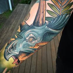 Triceratops on Adams dinosaur sleeve @fkirons @starbritecolors @hushanesthetic @revolutionneedles