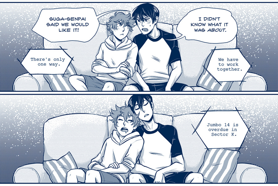 misslucid:  luckyjuicepress:  This is the extra from our kagehina doujinshi, Lost