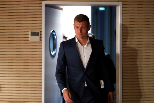 Toni Kroos addresses a press conference to announce the renewal of his contract with Real Madrid in 