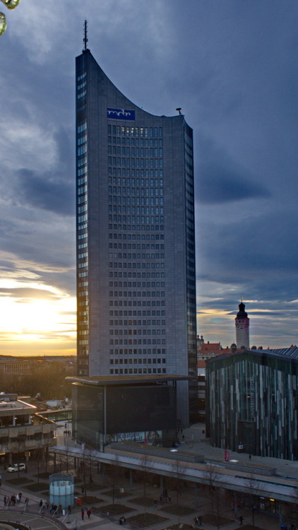 Modern world. Moderne Welt.City-Hochhaus and view of Augustus Square in Leipzig, December 2015.