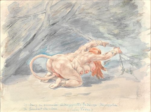 Felicien Rops. The inscription loosely translates to “And in her androgynous power, the goddess Stra