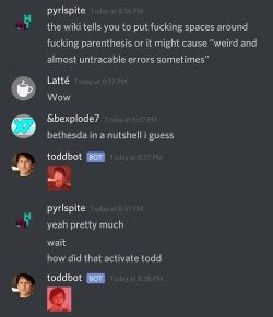 actualrealexplode7: pyrlspite: I made a discord bot that responds to all mentions of “todd” and “skyrim” with random todd howard edits but…. “bethesda” isn’t a keyword 