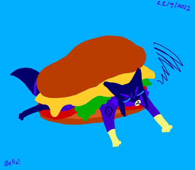 a big cheese and salad burger with a cat stuck in the middle. the cat is small in comparison. he is dark purple and striped with emo hair. blue background.