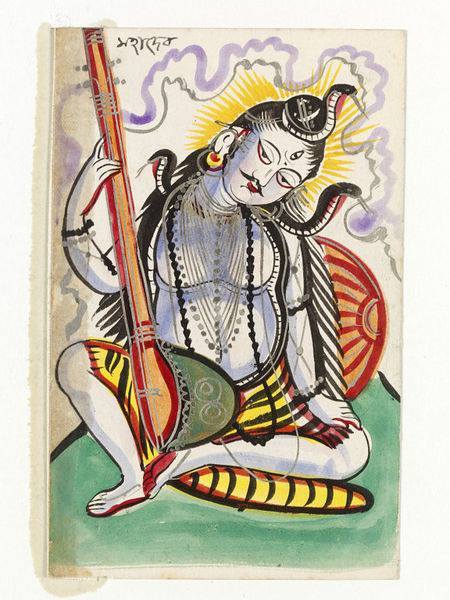Shiva Veenadhara, Kalighat painting from Bengal
