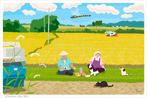 イラストレーター森俊憲が描く、猫のイラスト『たびねこ』シリーズの新作です。稲苅りのお昼時に農家の夫婦にお弁当をわけてもらう2匹。『稲刈りの昼ごはん』使用ソフト：Adobe Illustratorこのイ