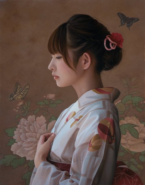 taishou-kun: Oka Yasutomo 岡 靖知 Oil paintings - Japan 1 - Hana asagi 花浅葱 2016 2 - Usuzakura 薄桜 (cher