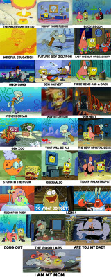 chrossrank:Steven universe season 4 summarized by spongebob Not a real fan of this season,but im hyped for season 5. Edited the onion gang pic that was saying “buddys book”
