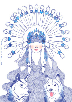 dtchn:  Depiction of The Goddess of Night and Day.  Her name is Citlalmina. It means ‘shooting star’. She’s always accompanied by two Siberian Huskies, Sun and Moon. Twitter | Instagram | Portfolio
