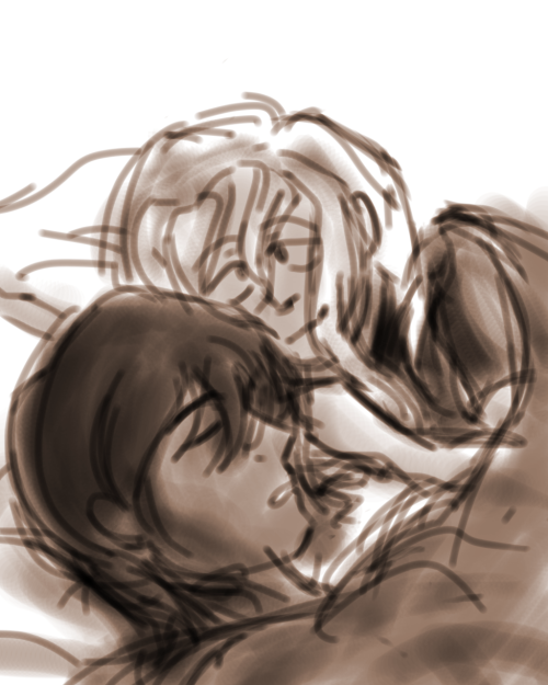 A drawing of Sil and Lucy laying in bed. Sil is still asleep, and Lucy looks at her with a soft smile.