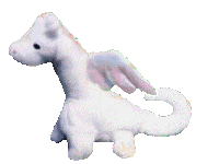 A gif of Magic the Dragon dancing by shaking her head. She is a white dragon beanie baby with shimmery wings.