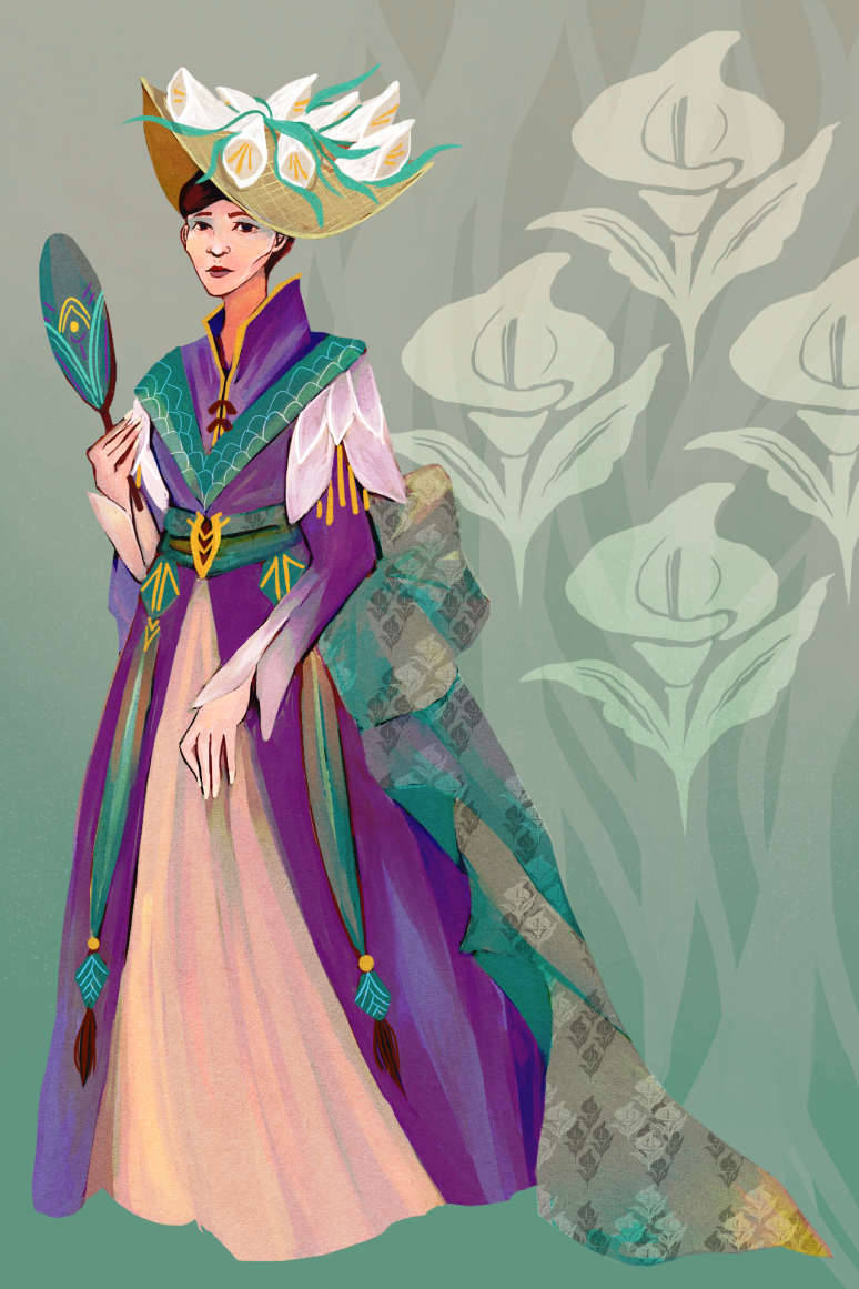 An illustration of a Japanese woman in a long dress with a bustle that trails down past the feet and behind them in teal and purple. She is wearing a leaf shape woven hat adorned with cala lilies and carrying a oval fan.