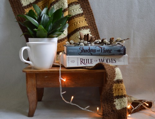 rule of wolves and shadow and bone on a stool with the spine to the camera, there is a white mug and a small plant as well, some fairylights surround the books