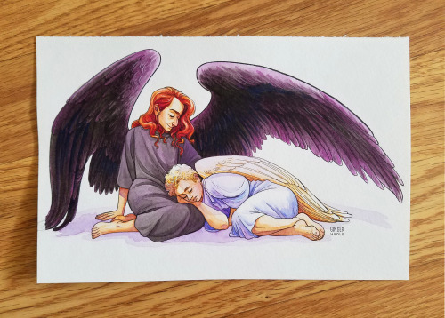 gingerhaole:  Crawly shelters Aziraphale while he naps. This is for the monthly original to go to a random Lucky Cat patron! Sort of nice to be forced to paint something at least once a month. I cut together a little process video of the sketch, and then