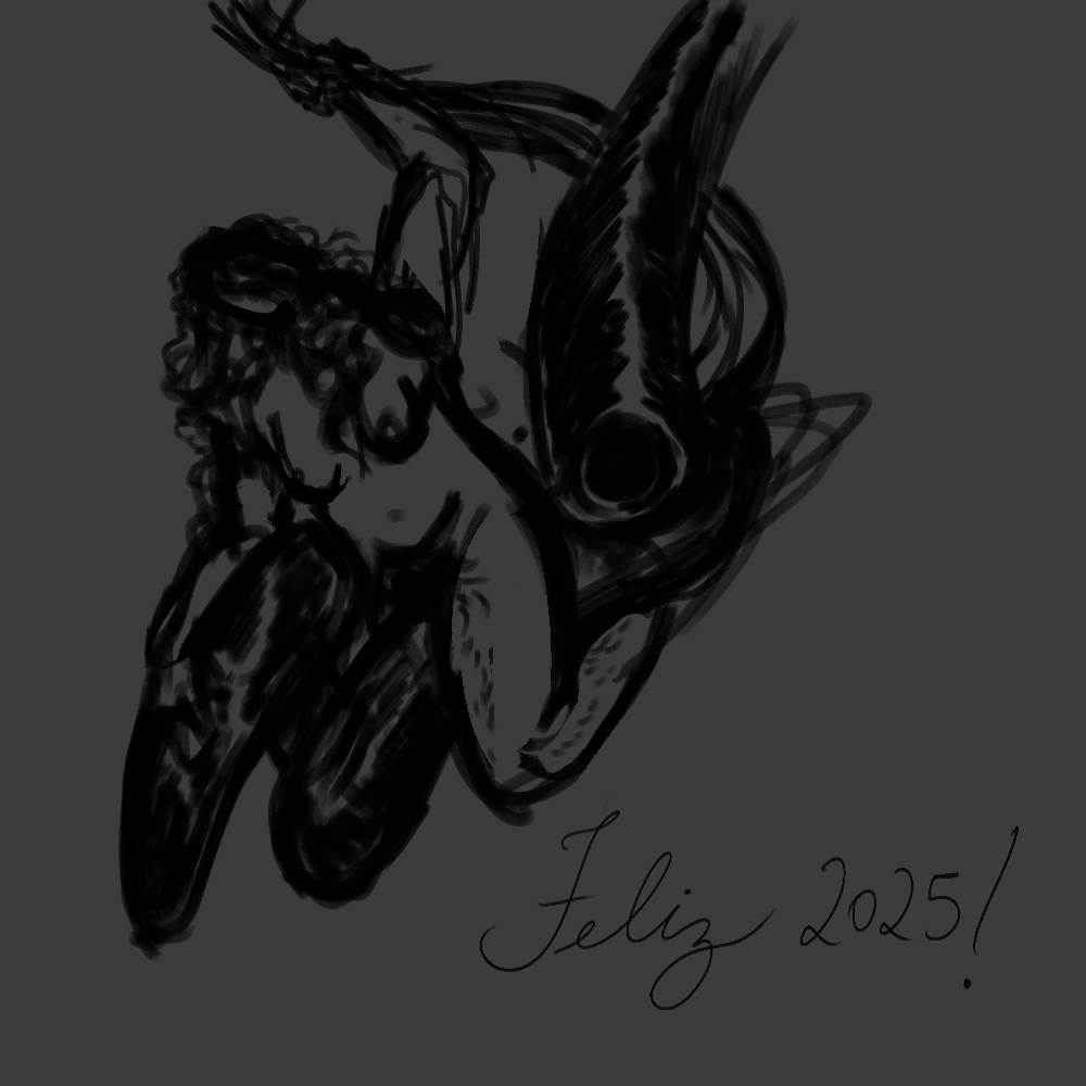 drawing of a nude woman straddling a large robot hanging from a ceiling. text reads 'feliz 2025!'