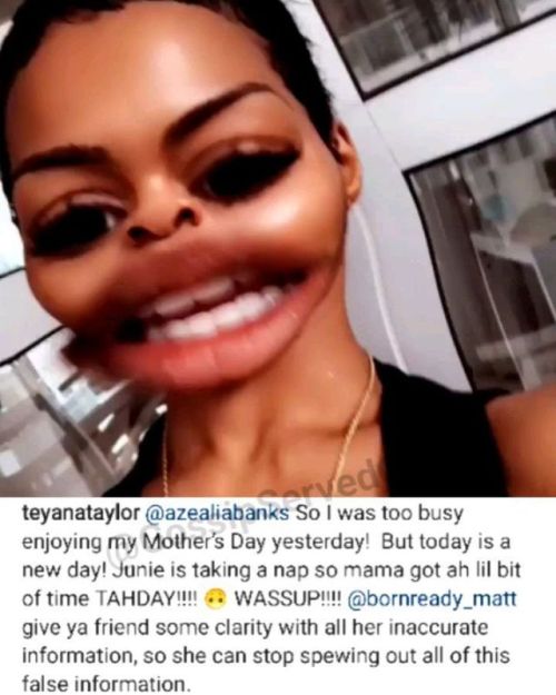 #TeyanaTaylor clapsback #AzealiaBanks SWIPE–>