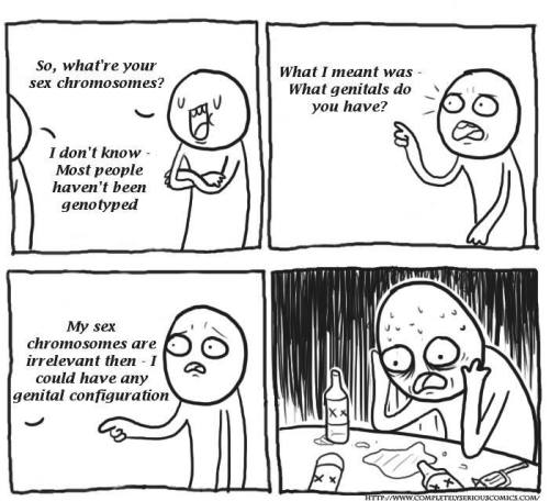 crossdreamers:  In spite of what most people believe there is no straight line between chromosomes, genitalia, sex and gender identity.   Did you know that one in 20000 people assigned male at birth have two XX chromosomes, or that as many as one