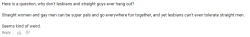 lezgem:  well let’s get a tally going: straight women don’t wanna hang out with straight mengay men don’t wanna hang out with straight mengay women don’t wanna hang out with straight menanyone stop to think that straight dudes being a total bummer