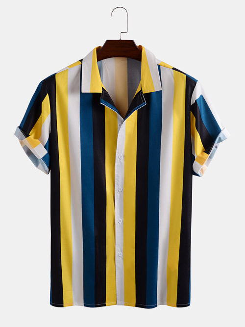 ncnew228:Mens Thin &amp; Breathable Cotton Colorful Stripe Holiday Short Sleeve ShirtAll of them