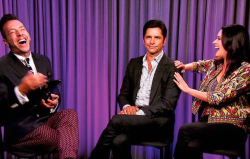 Paget Brewster &amp; John Stamos with Chris Parente of FOX 13 - “Grandfathered” Press Call, Septembe