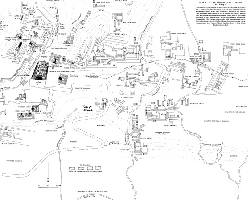 Map of the Maya Ruins at Palenque, Mexico, c. 1000 CE
Vast swaths of the ruins at Palenque remain a mystery to archaeologists and architectural historians, shrouded by thick, ancient strata of forest.