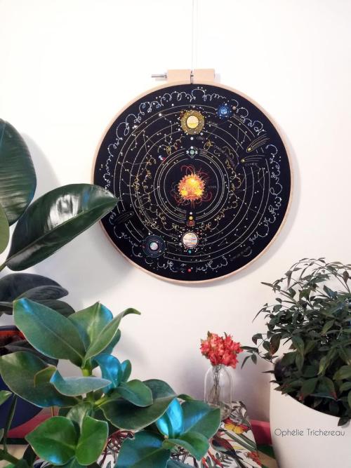 littlealienproducts:Handmade Embroidered Solar System with Gold Thread, Gemstones and Crystals byOph