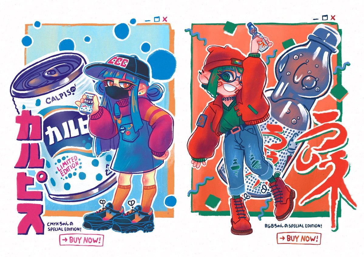 CMYK-chan & RGB-chan
my own original characters inspired by japanese street fashion and the two main colour models!
2018 - 2019 - 2020