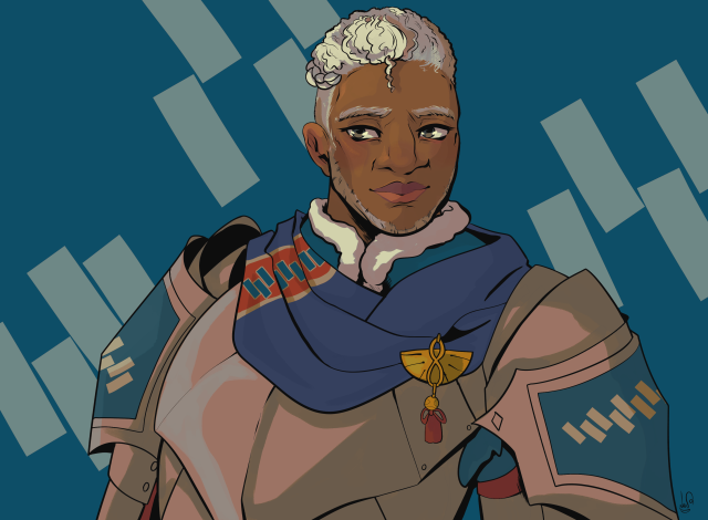 Dedue from Fire Emblem, in his Three Hopes design. He is an Indigenous Black man with mid-dark skin, yellowish in undertone due to the lighting. His hair is a grey-brownish off-white, kept in an undercut with a braid along the top of the shaved area. He has dark, greyish-green eyes, and a thin chinstrap beard. His outfit is his timeskip outfit from Three Houses, with a darker blue scarf compared to the tealish blue of his shirt and armour highlights. The background is that same tealish blue, with a few lines matching the pattern on his scarf and pauldrons.