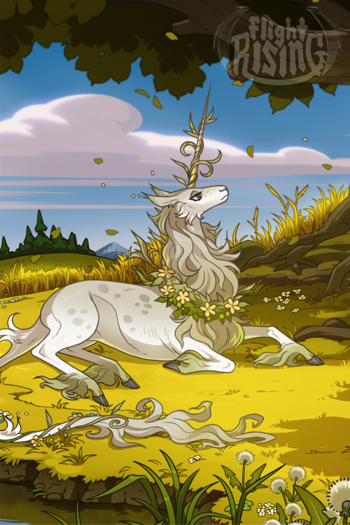 A summer field with a summery breeze blowing and fluffy white clouds in the sky. In the mid-ground is a large thick tree with a full canopy of shade-providing leaves. In the foreground is a Flora Cerdae in repose. The Cerdae is a beige and antique colored unicorn, with a tall golden horn and long, luxurious mane and tail. Around the Cerdae's neck is a wreath of yellow flowers on green leaves, with a matching floral vine growing up their horn and down around their tail.