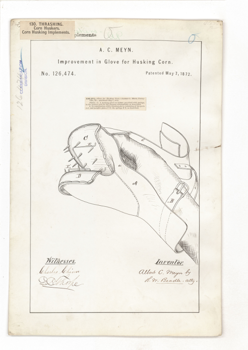 Albert C. Meyn Improvement in Glove for Husking Corn, patented 5/7/1872.Series: Utility Patent Drawi