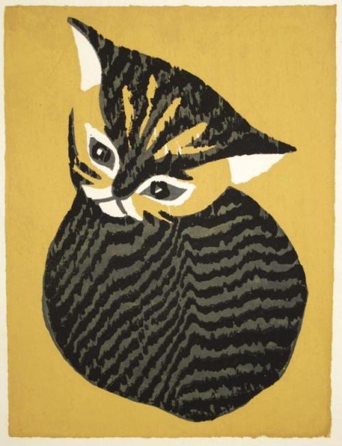 Koho Shoda (Japanese, 1871-1946) Black Cat at Night  Woodcuts  
