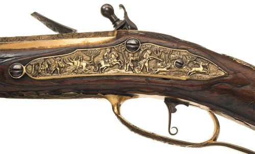 Extraordinary gilded brass ornate relief flintlock musket crafted by Iohan Adam Knod of Carlsbad, ci