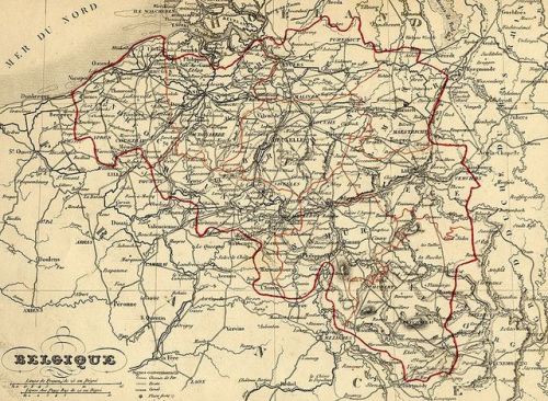 1843 map of Belgium, showing the East Cantons (Eupen and Malmedy) as part of Prussia.  They would be