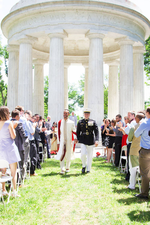 2015: (Same-sex) marriage between military veteran Justin and British-Indian Simon at the DC War Memorial - Justin in marine blue and Simon in traditional red and white Sherwani.Photographed by    Marisa Guzman-Aloia.