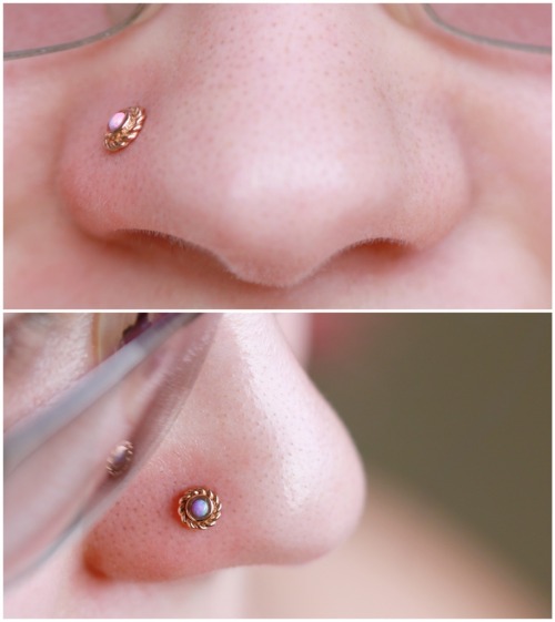 Fresh nostril piercing with a lavender opal and rose gold mini choctaw by BVLA