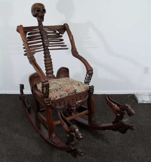 tremblingcolors:Carved wood skeleton rocking chair