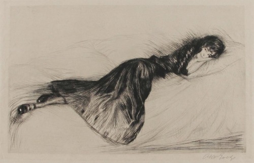 huariqueje:Teasing look of a girl lying in a black dress  -  Otto GoetzeGerman  1868-