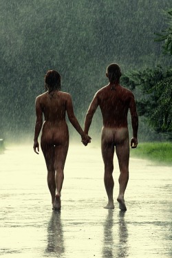 christiannaturist:  I’ve never seen the color version of this! Walking in the rain nude is one of the most enjoyable experiences in life! If you have never tried it, you should do so soon!