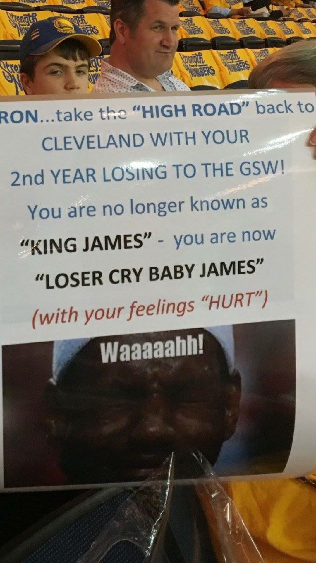 seankeane:
“Great Moments In Warriors History: Fan Makes The Worst Sign Of All Time
Draymond Green was suspended for Game 5 of the Finals because of his inability to stop hitting people in the balls. His last nut slap occurred after LeBron James...