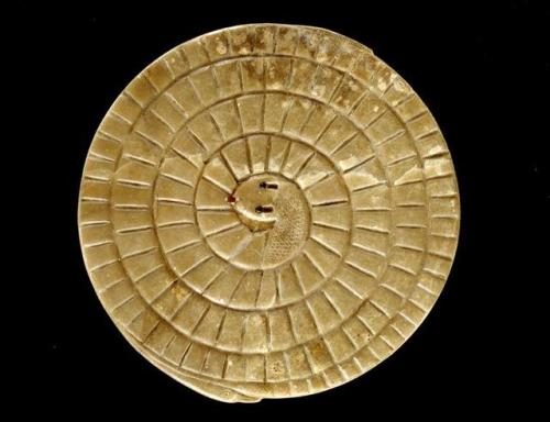 egypt-museum:Snake Shaped Gaming BoardUsed for the game ‘Mehen’, made of Alabaster. Thinite Period, 