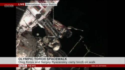 Screencaps from BBC coverage of the EVA torch relay today