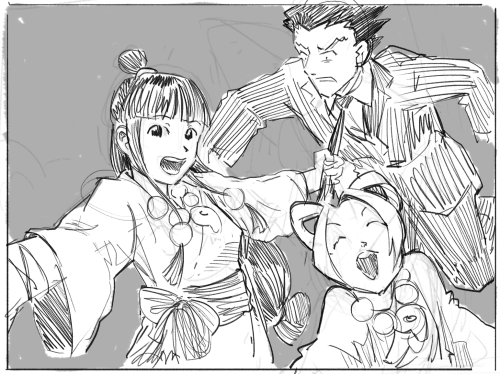 Drawing of Phoenix Wright, Maya and Pearl Fey. Maya is taking a selfie, dragging Phoenix by the tie so that he appears in the picture. Pearl looks happy at the camera. yay. 