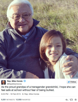 micdotcom:This Congressman just showed everyone the exact right way to support transgender people On Wednesday, California Congressman Mike Honda did his part to combat the often difficult reality many transgender people face by expressing a sweet message