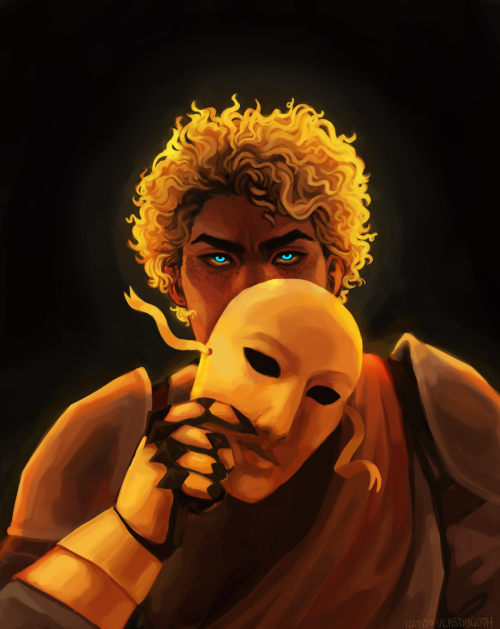 traitor prince[ID: A digital painting of Maelgwyn in front of a black background, backlit with a yel