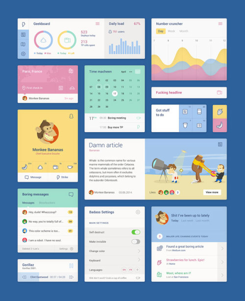 Free UI Kit by Studio Unity Look at this funny illustrated UI KIT by studio Unity from Zagreb, Croatia. It includes lots of elements, charts, inforgraphics, profile cards, calendar and timer interfaces, and much more. Everything in one free PSD...