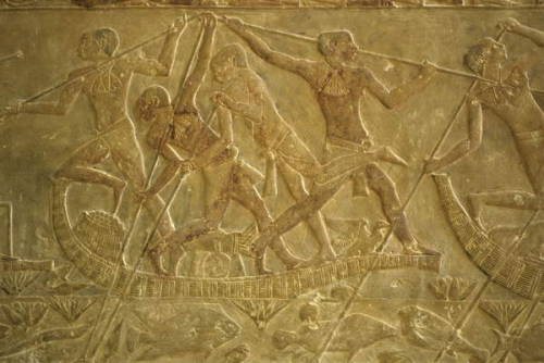 Men spearing fish from papyrus boat, detail of a wall relief from the Mastaba of  Ptahhotep (&a