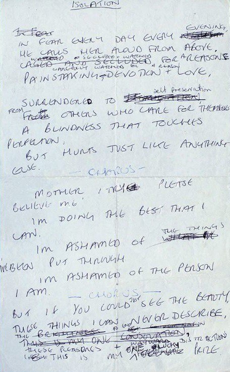 bitter-cherryy:‘Isolation’ handwritten lyrics by Ian Curtis.