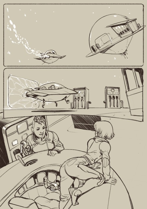 Starting on comic #2! Penny and Marianne’s adventures continue at a…space…gas station.